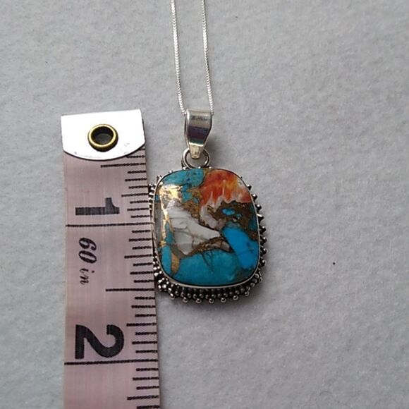 SOUTHWEST Copper Turquoise Spiny Oyster Sterling Silver Pendant & Necklace. - Picture 7 of 7